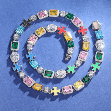 925 Sterling Silver Mixed Gemstone Cross Link Chain Necklace