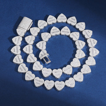 925 Sterling Silver Heart Tennis Chain with VVS Baguette Moissanite