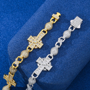 925 Sterling Silver Baguette Moissanite Diamond Cross Infinity Cuban Bracelet
