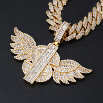 Baguette Moissanite Iced Out Dollar Angel Wings Pendant 925 Silver Gold Plated