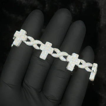 925 Sterling Silver 15mm Iced Out Infinity Cross Cuban Link Bracelet