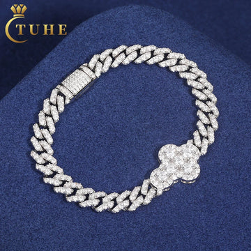 Fine Jewelry Men Micro Paved Moissanite Bracelets Vvs D Lab Diamond Iced Out 925 Silver Cross Cuban Bracelet