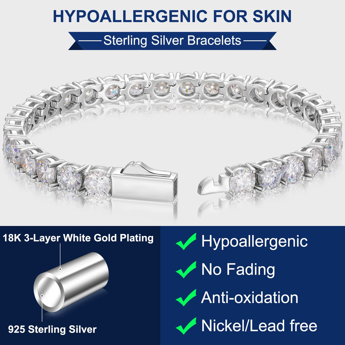 Women Jewelry Spring Buckle 925 Silver VVS Moissanite Cluster Tennis Bracelet