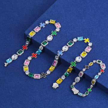 10mm White Moissanite Colorful Cross Chain Necklace – 925 Sterling Silver