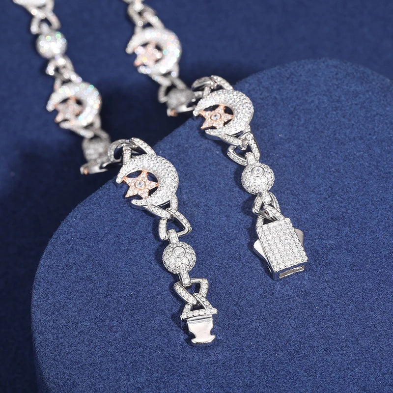 Sparkling Luxury Moon and Star Special Design Party Cuban Chain 925