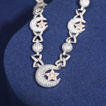 Sparkling Luxury Moon and Star Special Design Party Cuban Chain 925
