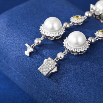 15mm White Gold 925 Sterling Silver VVS Moissanite Diamond Cluster Pearl Bracelet