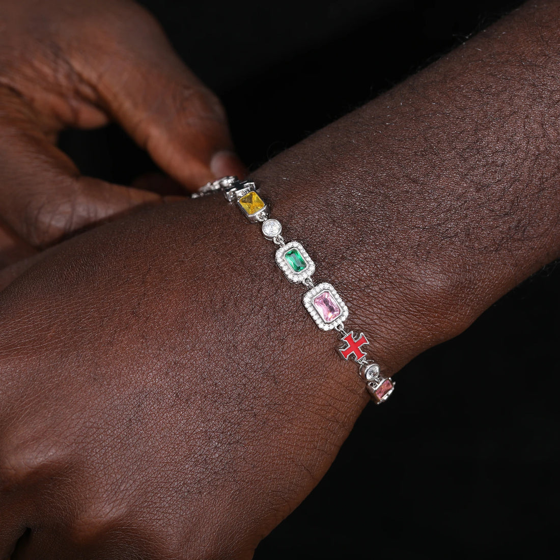 925 Sterling Silver VVS Moissanite Colored Gemstone Cluster Enamel Cross Tennis Bracelet